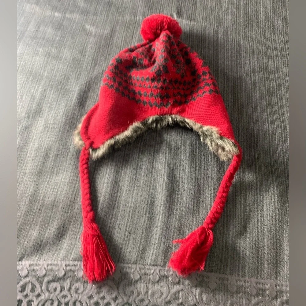 Vintage Faux Fur Christmas Snowflake Ski Winter Hat Red Grey